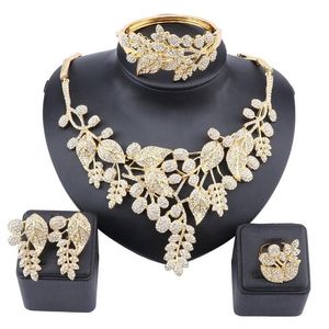 Women Girl Wedding Accessories African Beads Jewelry Set Costume Gold Color Crystal Necklace Bangle Ring Earring Jewelry Sets307t