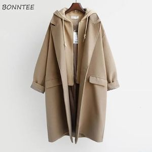 Women's Wool Blends Wool Blends Coats Women Spliced Fake Two Piece Hooded Clothes Design Korean Fashion Preppy College Girlish Elegant Ladies Casual 231128