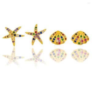 Studörhängen CZ Summer Shell Earring Studs Minimalist Girls Gold Color Jewelry Mini Starfish Conch Piercing