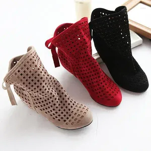 Boots Size 34-43 Women's Summer Cute Flock Flat Low Hidden Wedges Solid Cut-outs Ankle Ladies Dress Casual Shoes 3 Colors