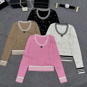 Designer Sweater V Neck Knitwear Womens Rhinestone Pullover Långärmad stickade toppar 4 färgkläder