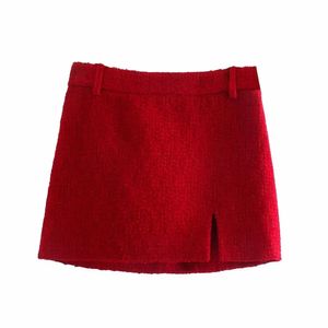 Skirts BBWM Tweed Red Women Fashion Elegant Office Lady Skirt Female Casual Streetwear Slim Split Mini Skirt Chic Bottoms 231129