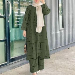 Zestawy Kaftan drukowane garnitury kobiety pasujące zestawy bluzki z długim rękawem spodnie 2023 Casual Muslim Sets Turkey Abayas Dress Top Blusas 2PCS