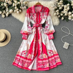 Casual Dresses 2023 Spring Autumn Runway Red Flower Shirt Dress Women Long Lantern Sleeve Single Breasted Belt Vintage Party Midi Vestidos