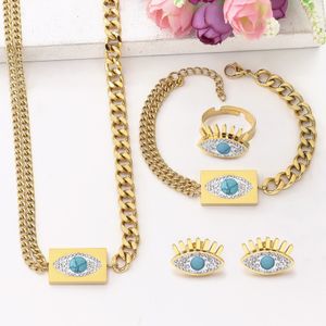 South American style Evil Eye Pendant Necklace Bracelet Stainless Steel Cuban Link Chain Jewelry Set for Men and Women