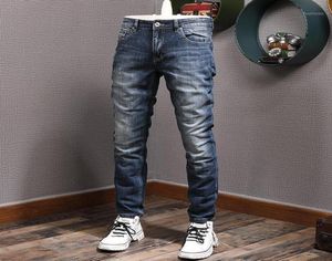 Men039s Jeans Stile italiano Moda Uomo Distressed Plain Elastico Slim Fit Strappato Retro Blu scuro Vintage Designer Pantaloni casual1686369