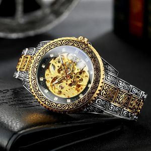 Relógios de pulso vencedor vintage gravado luxo relógios mecânicos para homens moda diamante pulseira de aço inoxidável ouro esqueleto automático relógio 231128