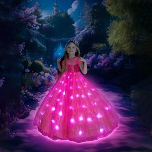 Sukienki dziewczyny uporpor dziewczyny śpiąca piękność Aurora Cosplay LED sukienka z krótkim rękawem na ramię dzieci świąteczne prezent fantazyjny kostium księżniczki 231128
