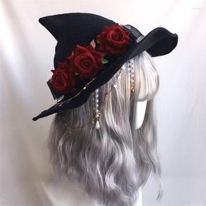 Wide Brim Hats Lolita Halloween Retro Witch Hat Masquerade Rose Big Bow Wizard Gothic Magical Girl Cosplay Party Decor Metal Chain