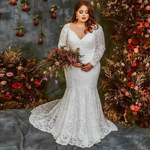 2024 Classy Plus Size Mermaid Lace Wedding Dress V Neck Long Sleeves Country Bridal Gowns Sweep Train Trumpet Vestido De Novia