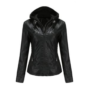 Skórzana skórzana kurtka dla kobiet Kobiet Spring Hooded Moto Biker zamek błyskawiczny w odzieży wierzchniej Autumn Morelot Black White Red Brown 231129