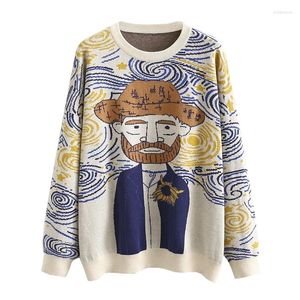 Suéteres masculinos Harajuku camisola de malha homens mulheres vintage pintura a óleo o pescoço pullovers causal estilo universitário jumper oversized streetwear