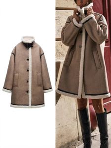 Женские куртки из искусственной замши, двустороннее пальто, осень-зима, высокий воротник, длинные рукава, подкладка из овчины, утепленная теплая верхняя одежда 231129