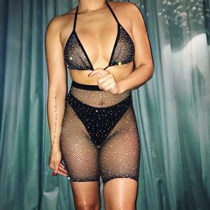 Sexy Set Perspectiva das Mulheres Fishnet Roupide Conjunto de peixes de ferro Pequeno broca de ferro flash Drill Flash Halter Gconsc Bra swimsuith biquíni sexy