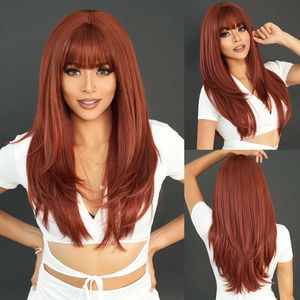 Synthetic Wigs Wig Women's Orange Long Straight Hair with Straight Bangs Dyed Synthetic Fiber Headband Layered Wig