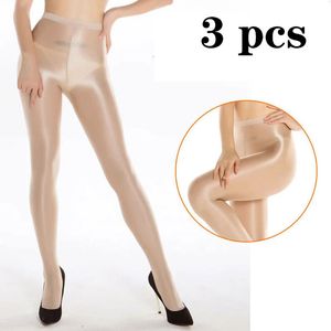 Sexy meias 3pcslot 70d mulheres brilhantes meia-calça óleo collants grosso de boa qualidade uma linha virilha meias atacado 231129