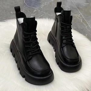 Boots Booties Short Shoes For Woman Footwear With Laces Leather Lace-up Black Platform Women's Ankle Biker Chunky Pu Boot Gyaru