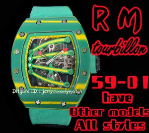 Luksusowy zegarek męski Tourbillon 59-01 51.10x 43,10 x 15,20 mm, materiał z włókna węglowego TPT, Manualny łańcuch Tourbillon ruch, magazynowanie zasilania 48 godzin, zielony