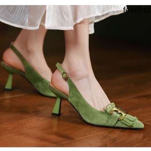 Green Black Slingbacks Tassel Fringe Gold Metal Buckle High Heeled Shoes Summer Sheepskin Lady Pumps Women Dress Size 35-40 Bästa mode