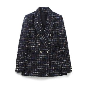 Damen Anzüge Blazer Herbst Frauen Vintage Kerbkragen Buntes Band Plaid Tweed Wollblazer Mantel Weibliche Oberbekleidung Chic Veste Tops 231129