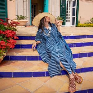 Party Dresses Voluminous Shirt Kaftan Maxi Dress Batwing Sleeve With Functional Tickets Button Tunics For Women Navy Stripes Print