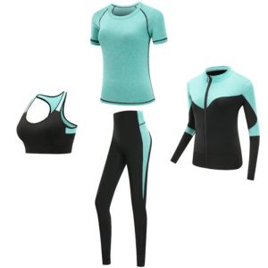 Conjunto de roupas esportivas femininas de secagem rápida, 4 peças, fitness, academia, yoga, casaco + sutiã + camiseta + legging, treino de corrida