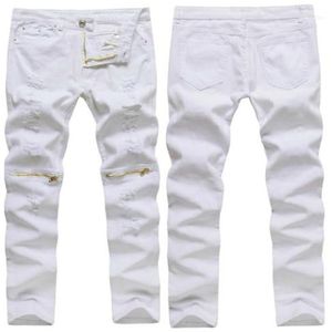 Men039s Jeans Whole Mens White Ripped Cotton Distressed Skinny Thinning Cargo Zipper Over Knee HipHop Male Pants Jean1688649