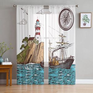 Curtain Ancient Lighthouse Sailing Ship Line Sheer Curtains Living Room Window Tulle Bedroom Veiling Luxury Drapes