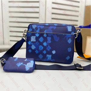 Luxury Trio Designer Bags Messenger Crossbody Bag Briefköljor axelväskor män kvinnor läder koppling plånbok blå handväska purses 3 stycke/set l03848