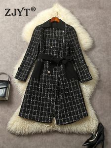 Women's Jackets ZJYT Vintage Long Tweed Woolen Jacket Winter 2023 Fashion Wool Blends Coat Black Plaid Overcoat Outerwear Veste Femme 231129