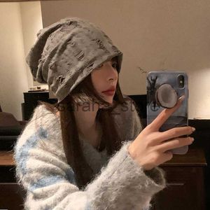 Beanieskull Caps Instagram Hole Pile Pile Hat for Autumn and Winter Warm Ear Protection Postpartum HatバージョントレンディなビッグヘッドラップJ231130