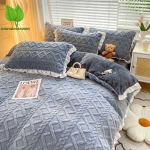 Conjuntos de cama 1 pc taff veludo capa de edredão para o inverno quente macio coral velo cama com fecho de zíper folha rainha / king size cinza capa de cama 231129