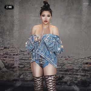 Damen Jacken Mode Strass Perle Sparkly Mantel Jacke für Damen Langarm Oversize Denim Rave Festival Tanzkostüm Nachtclub