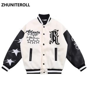 Men s Down Parkas Harajuku PU Leather Patchwork Parka Men Pearl Embroidery Thick Jacket Hip Hop Windbreaker Winter Padded Baseball Coat Loose 231129