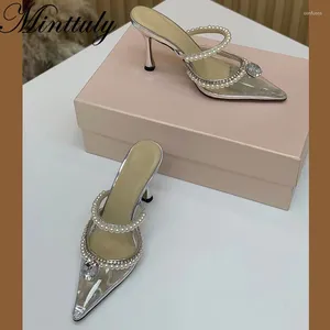 Slippers Formal Women's Summer Slide Crystal Pointed Colorful PVC Party Shoes High Heel Mule Brand 2023