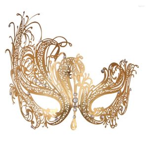 Forniture per feste Maschera veneziana in metallo placcato oro Phoenix con oggetti di scena in maschera con strass