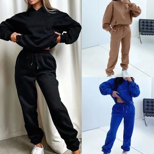 Women's Two Piece Pants Women Long Sleeve Top Pants Solid Color Pockets 2 Pieces Lounge Set Drop Shoulder Hooded 2 Piece Pants Outfits Vacation Outfit 231129