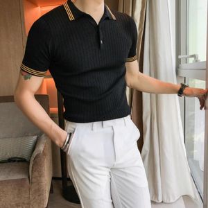 Magliette da uomo Summer Ice Silk Uomo Manica corta Maglia a righe Top Sezione sottile Risvolto Slim Fit Pullover Casual Mens Tees