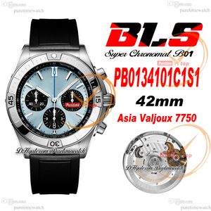 BLS Chronomat B01 ETA A7750自動クロノグラフメンズウォッチ42スチールケースアイスブルーダイヤルブラックラバーストラップPB0134101C1S1スーパーエディションReloj Hombre Puretime A1