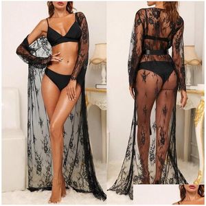 Womens Sleepwear Women Lingerie Cardigan Shirt Top Beach Cape Bikini Er Up Lace Kimono Y Perspective One-Piece Pajamas Robe Drop Deliv Dhd5H