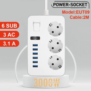 Tiras de energia Cabos de extensão Protetores contra surtos Multiprise EU Plug Socket Strip com cabo USB Smart Home Network Filter Overload Outlet AC Electrical 231130