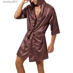 Men's Robes Men Bathrobe Pajamas Nightgown Hooded Loose Satin Silk Sleepwear Cardigan Gown Bath Robe Nightwear Sleep Bot L231130