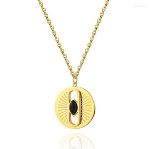 Pendant Necklaces Stainless Steel Round Disc Necklace Gold Color Nature Stone Inlay Sunshine Charm Chokers