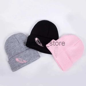 Beanie/Skull Caps Hot Sale Women Acrylic Beanies Hat Warm Snow Knitted Knit Hat High Quality Crochet Winter Feather Embroidery Leaf Knit Hat YD034 J231130