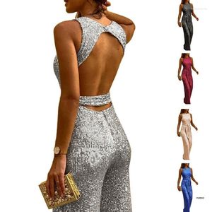 Casual Dresses Womens Glitter Metallic Sequin Sleeveless Jumpsuits Cocktail Sexy Backless Belted High Waist Wide Leg Long Pant Romper