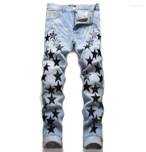 Men039s Jeans America Maschio Blu Arancione Star Patchwork in pelle Foro Riparazione Streetwear Jean Homme Strappato Uomo Moto Pant8655297