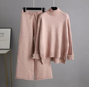 Womens Two Piece Pants Sticked Turtleneck tröja Set Solid Casual Loose Warm Track Clothing Wide Legged Elegant Winter 231129