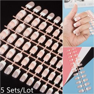 False unhas 5 conjuntos no pacote 24pcs/conjunto unhas francesas quadradas com casaco UV Pressione Pressione em kits de bricolage falsos Dicas de capa completa