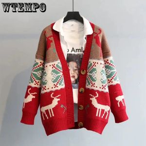 Damenpullover WTEMPO Weihnachtspullover Strickjacken Frauen Herbstmode Koreanische lose beiläufige Jahr Red Deer Jacquard Vintage Strickmäntel 231130