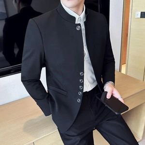 Ternos masculinos 2024 (calças blazer) Moda boutique Gentleman Standing Collar Button Decoration Groom Vestido de noiva Terno de negócios